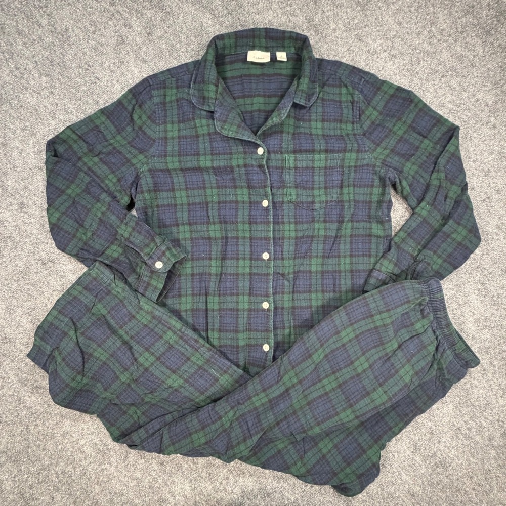 LL Bean Mens Flannel Pajama Set Large Black Watch Plaid Green Navy Blue 0629
